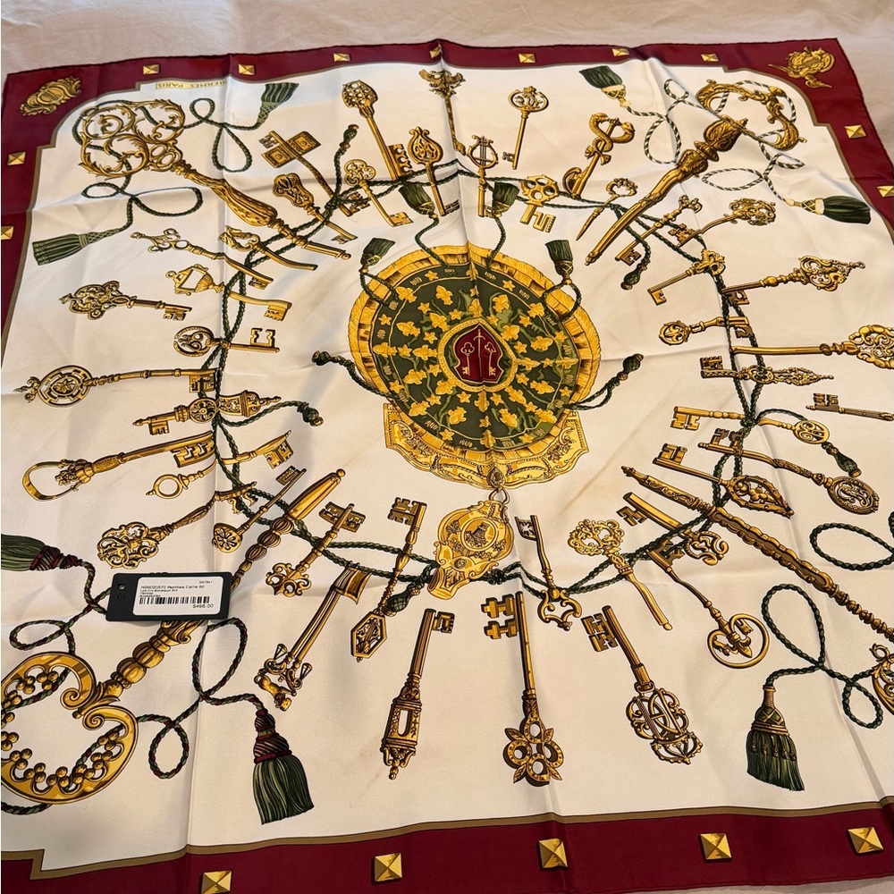 Hermes Scarf with Gold and Burgundy Key Motif (includes original tag and box)
